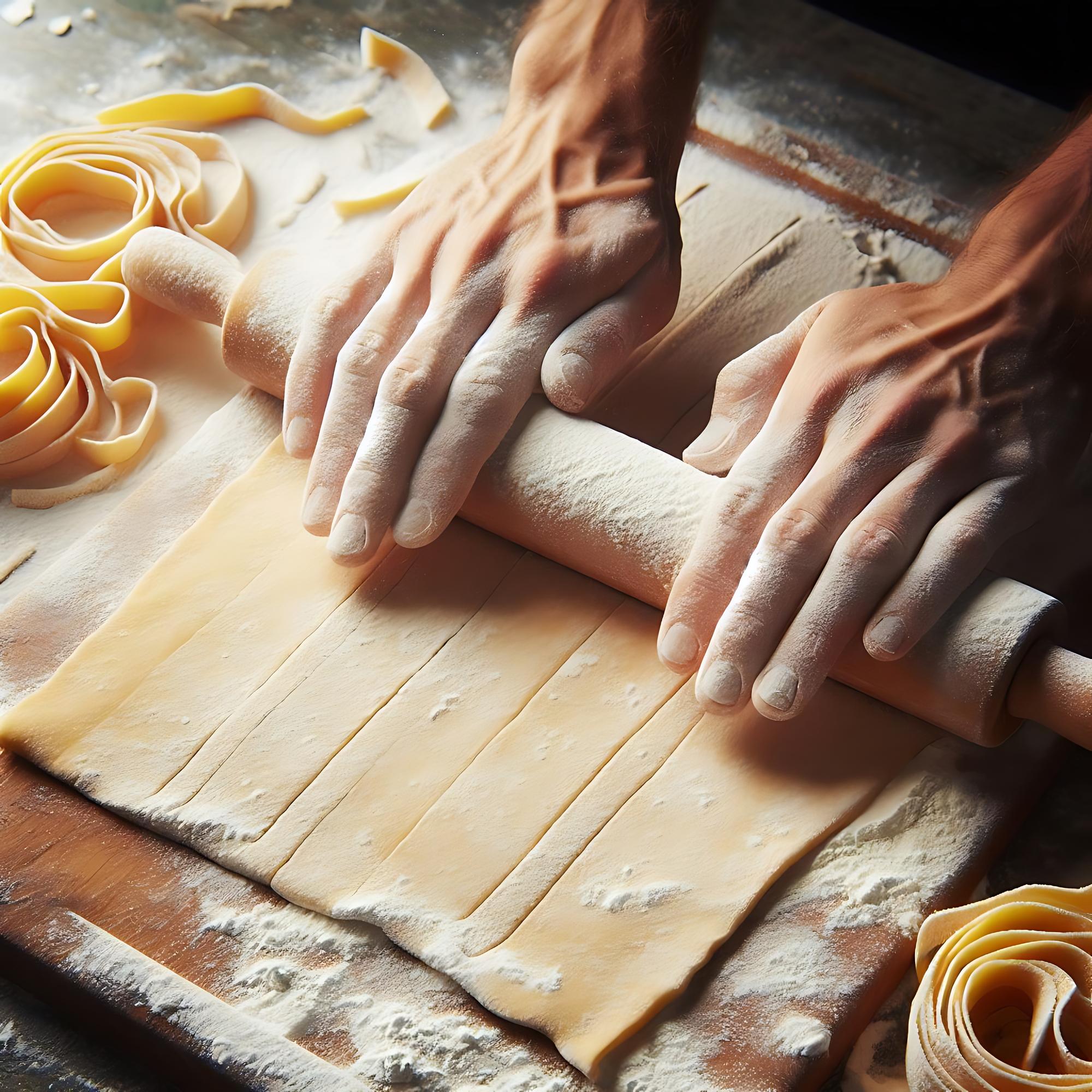 Hand rolling fresh pasta on floured board