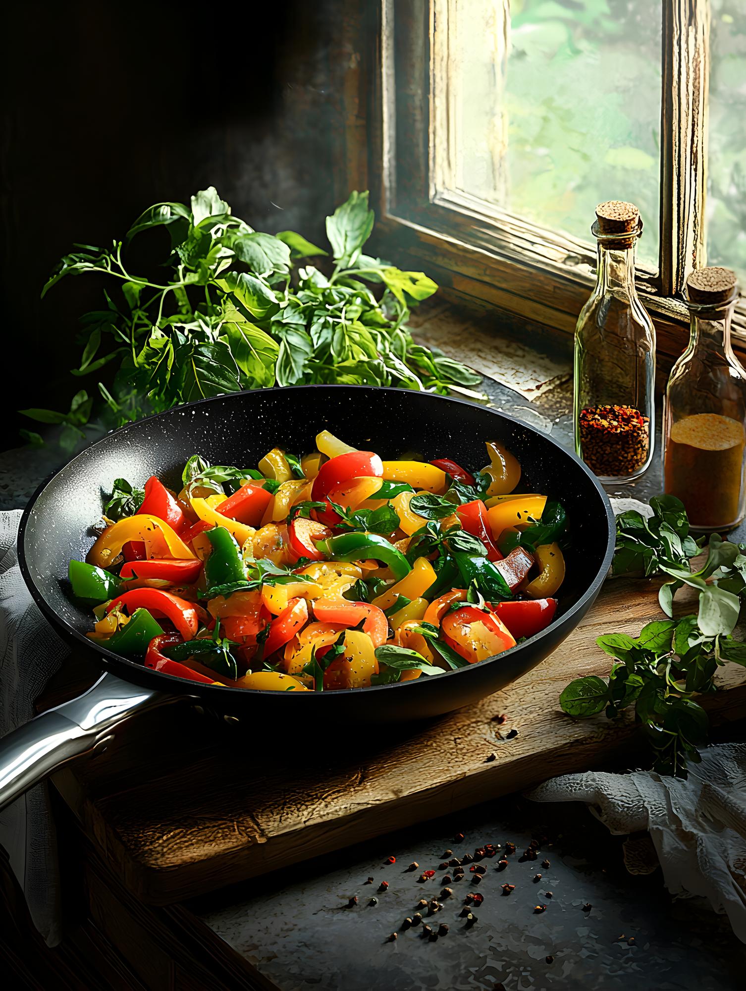 Golden roasted vegetables in ceramic dish